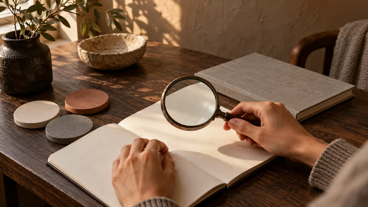 Hands holding a magnifying glass above a notebook and neutral samples