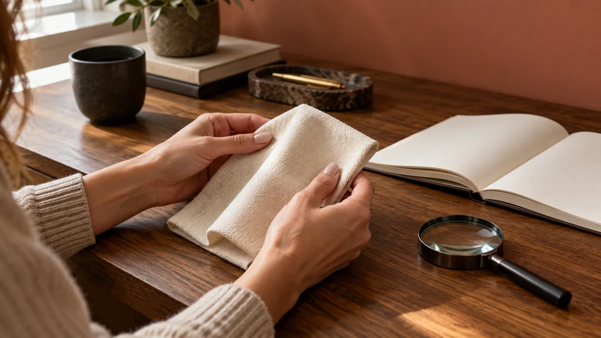 Hands examining neutral fabric beside a notebook and magnifying glass