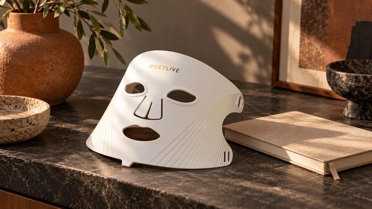 White MICEYLIVE mask beside a closed notebook on a warm stone console