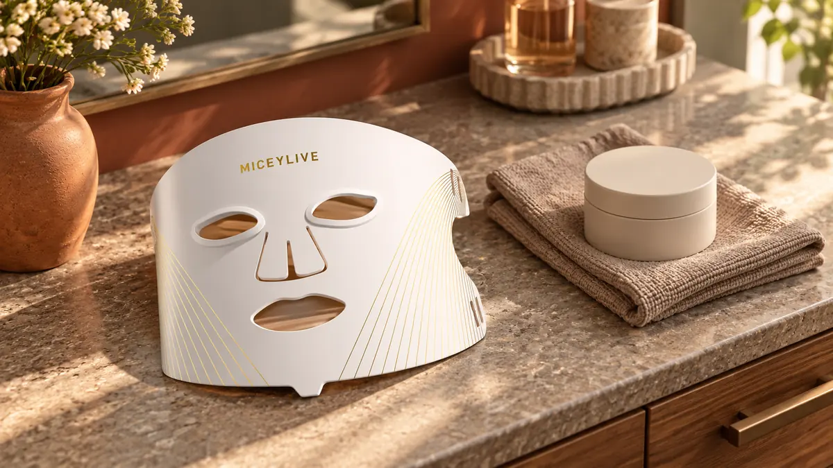 White MICEYLIVE mask beside folded taupe cloth and a closed skincare jar