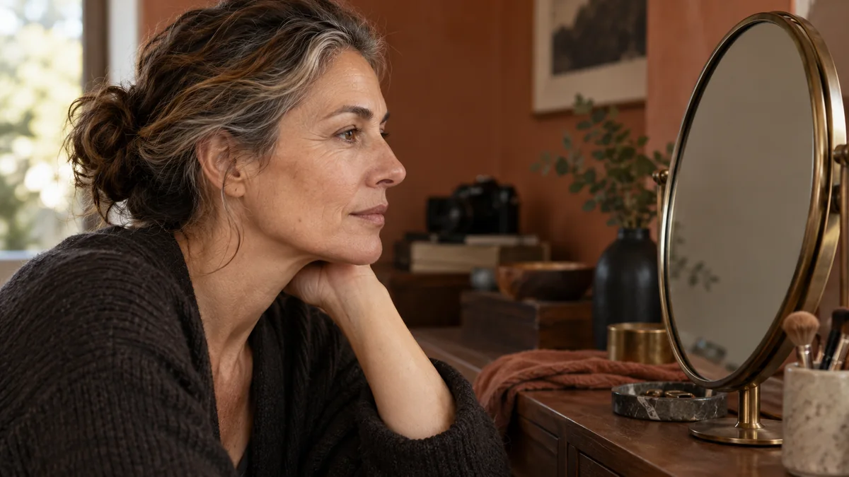 Woman with natural fine lines beside a mirror in soft daylight
