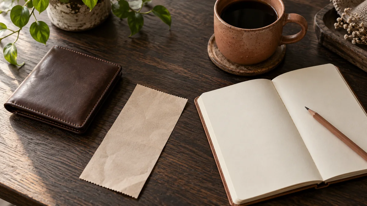 Wallet, blank receipt and notebook on a wooden desk